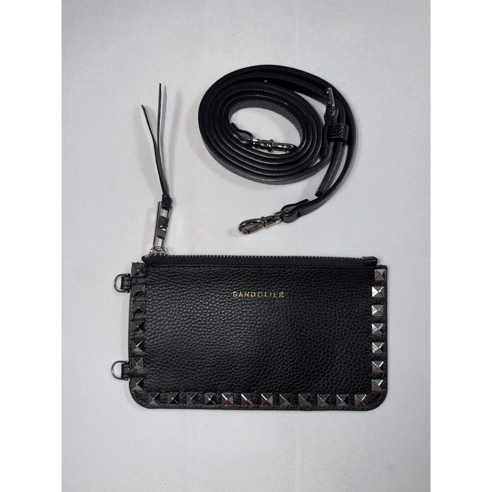 Bandolier Black Leather Studded Pouch With Crossbody Strap Gunmetal Hardware